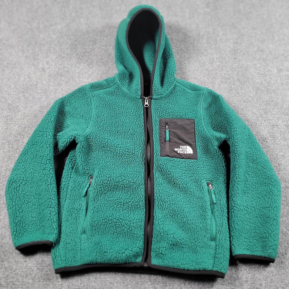 The North Face Jacket Youth Junior M Green Hooded Sherpa Fleece Full Zip Warm